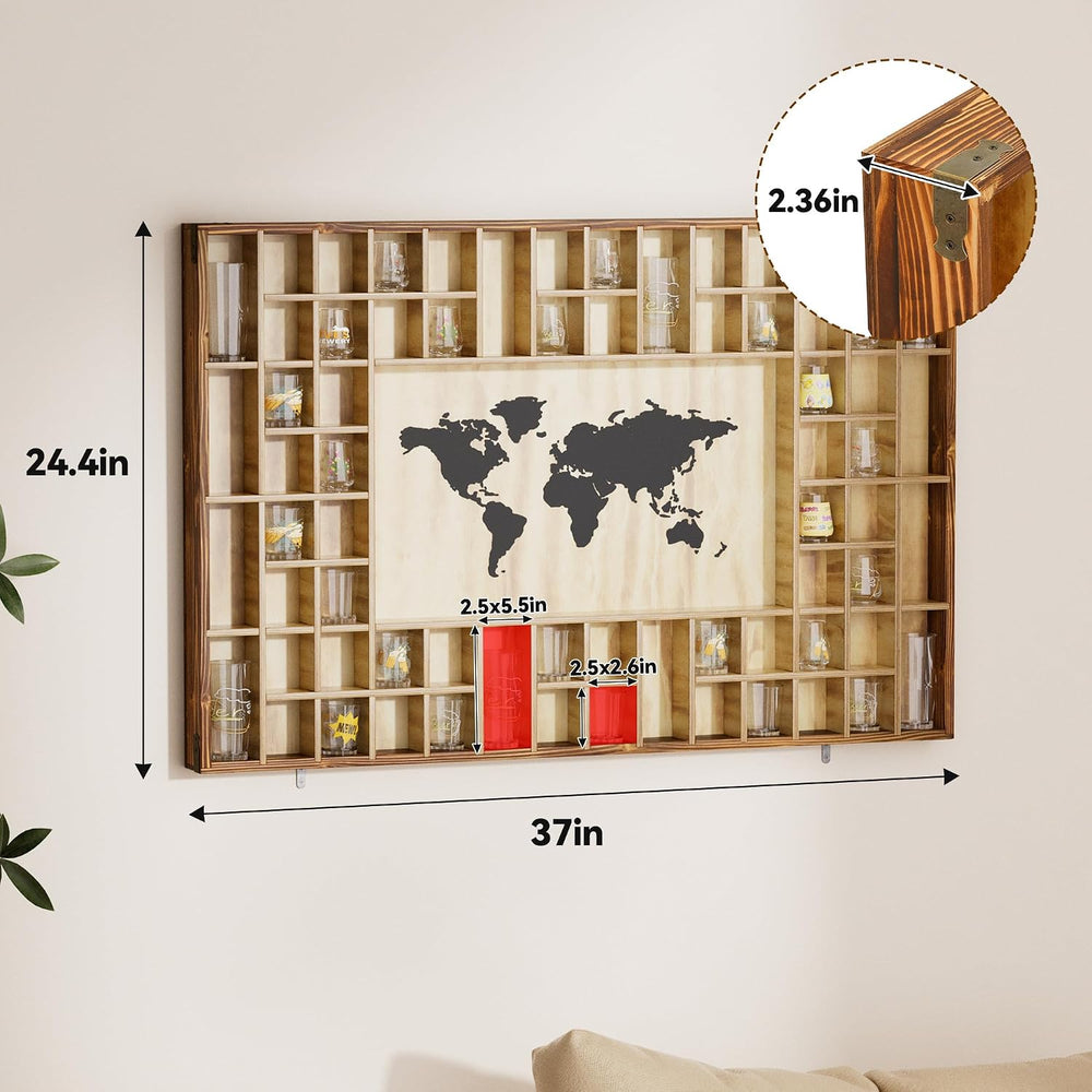 68 Large World Map Shot Glass Display Case Rustic Shot Glass Holder 37x 24.4i...