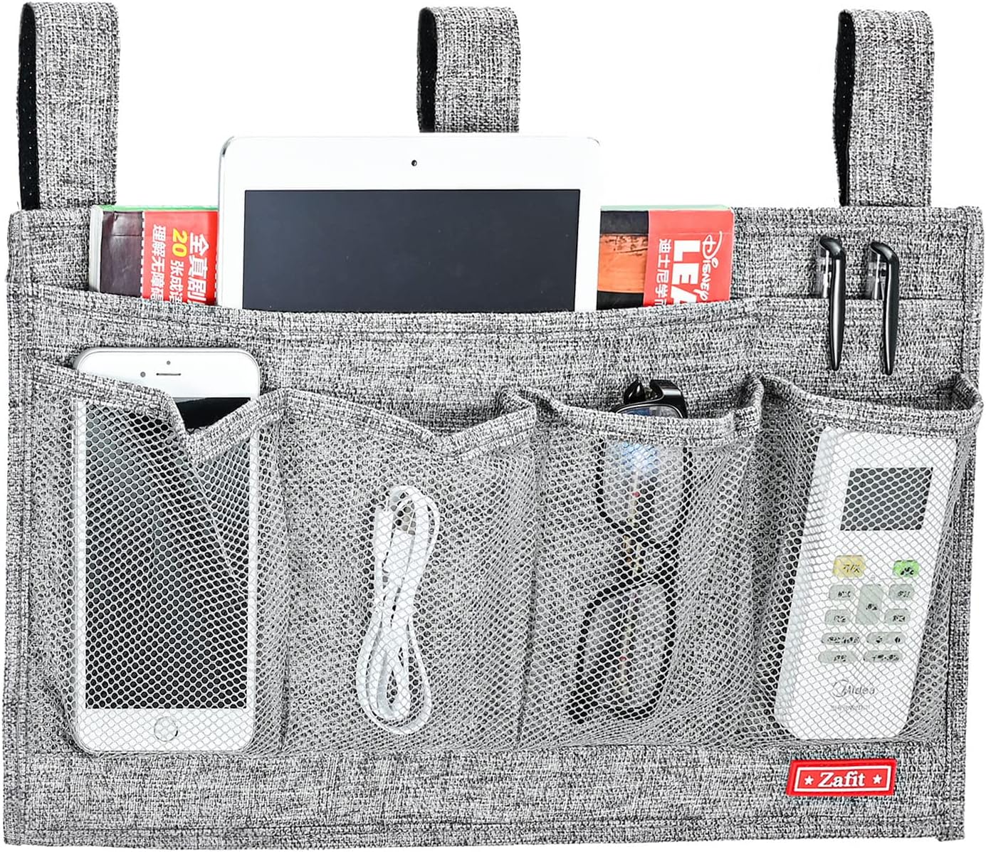 Linen Bedside Caddy, Bedside Storage Organizer for Hospital Beds, College Dorm Rooms or Baby Bed (6 Pockets-Grey)