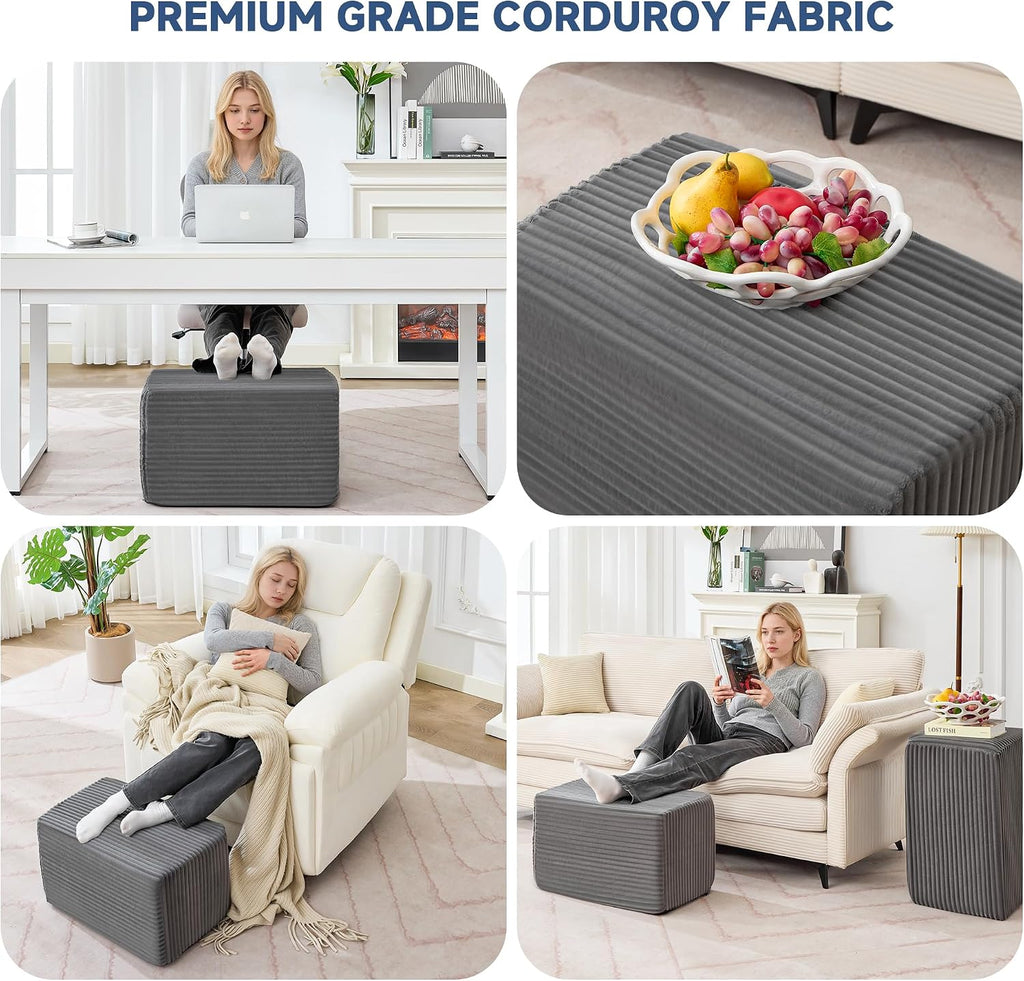 Rectangular Stuffed Pouf Ottoman Foot Rest, Corduroy Floor Pouf with Foam Chunk Filling, Multi-Functional Footstool Ottoman for Living Room, Hassocks and Ottomans for Couch, Chair, Dark Grey