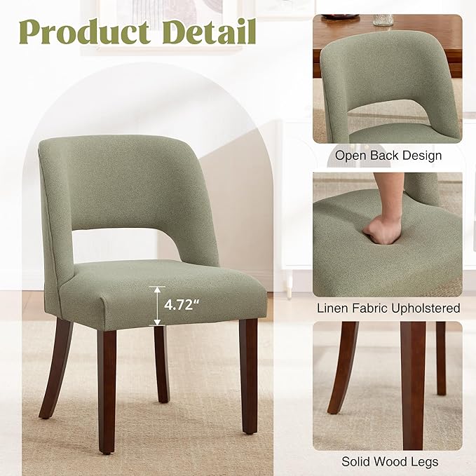 Dining Chairs Set of 6,Modern Dining Room Chairs with Thick Cushions,Upholstered Linen Fabric Kitchen Chairs for Kitchen Dining Room Green