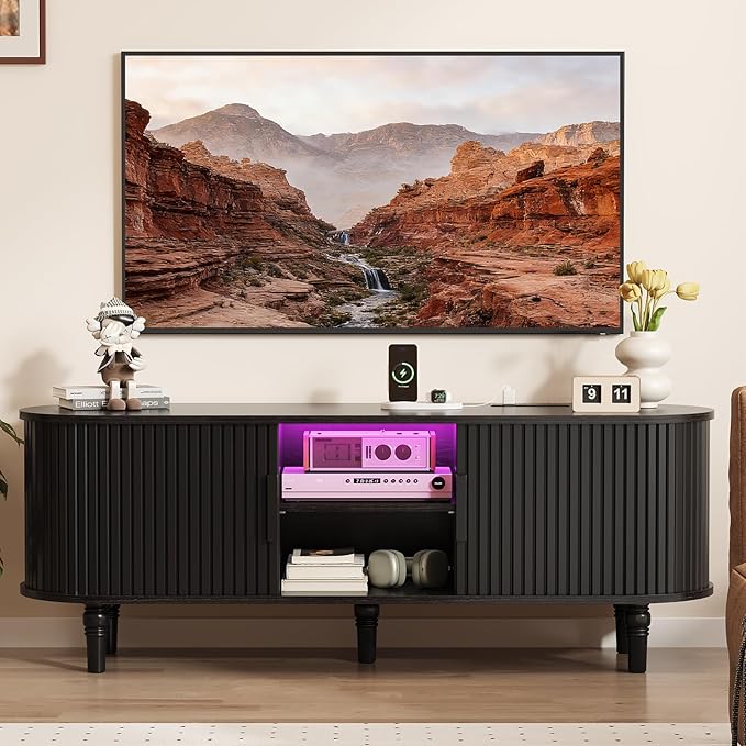 TV Console with Power Outlet-55" Entertainment Center with Sliding Tambour Door, Modern TV Stands for Living Room Bedroom, LED Media Stand with Storage Cabinet and Adjustable Shelves, Black