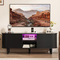 TV Console with Power Outlet-55" Entertainment Center with Sliding Tambour Door, Modern TV Stands for Living Room Bedroom, LED Media Stand with Storage Cabinet and Adjustable Shelves, Black