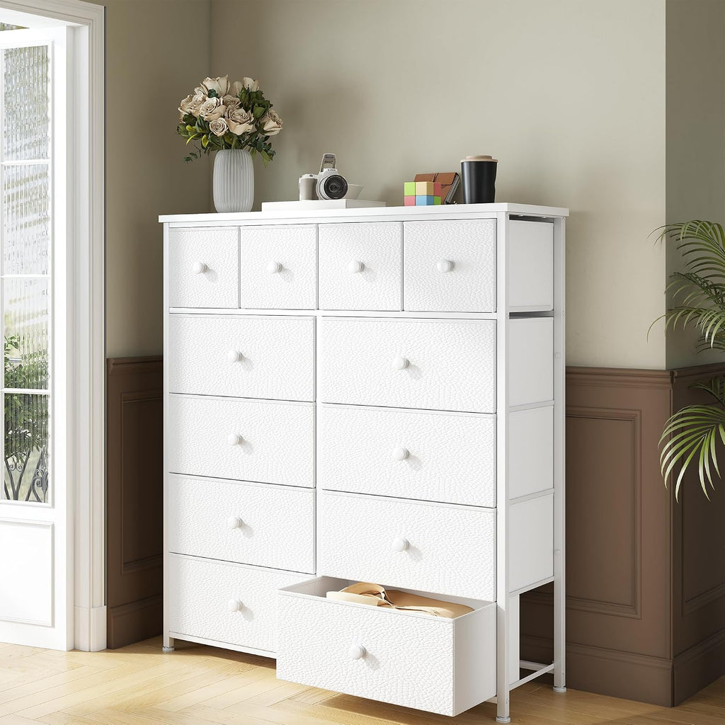 Bepatio Dresser for Bedroom with 12 Drawers, Fabric Dressers & Chest of Drawers with Sturdy Metal Frame, Wood Top, for Woman, 38.9" W x 11.8" D x 40.1" H (White)