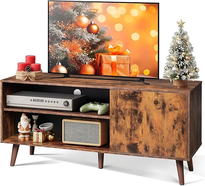 WLIVE TV Stand for 55 Inch TVs, Entertainment Center with Storage Cabinet, Mid-Century TV Stands for Living Room and Bedroom, 50" TV Console, Brown | with Storage Cabinet, Mid-Century, TV Stands, 50" TV Console