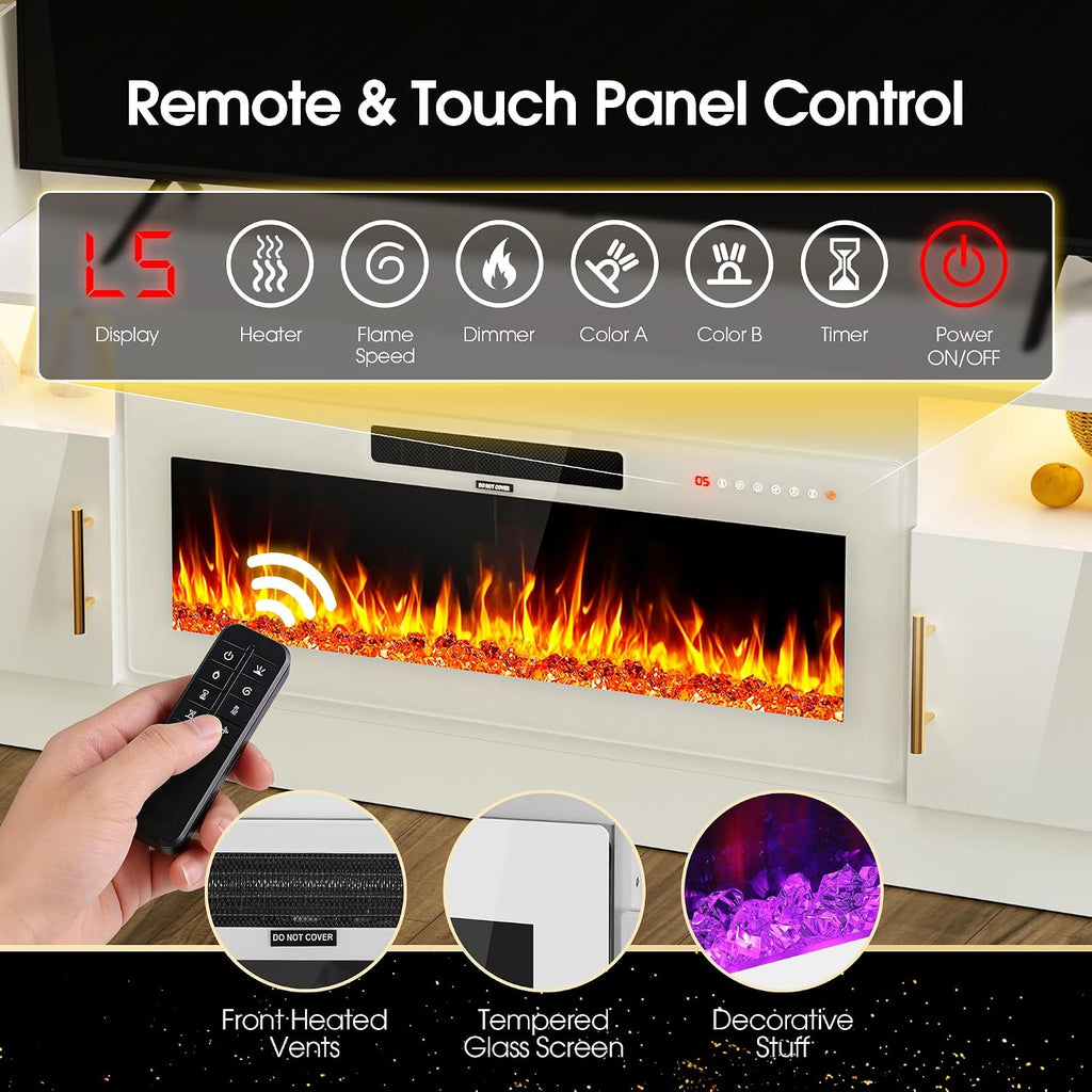 AHB Fireplace TV Stand 70", Fits TVs up to 80", LED Lights, Storage | 36" Electric Fireplace with Realistic Flame Multiple Color Modes Spacious Storage Cabinet with Handles White/White