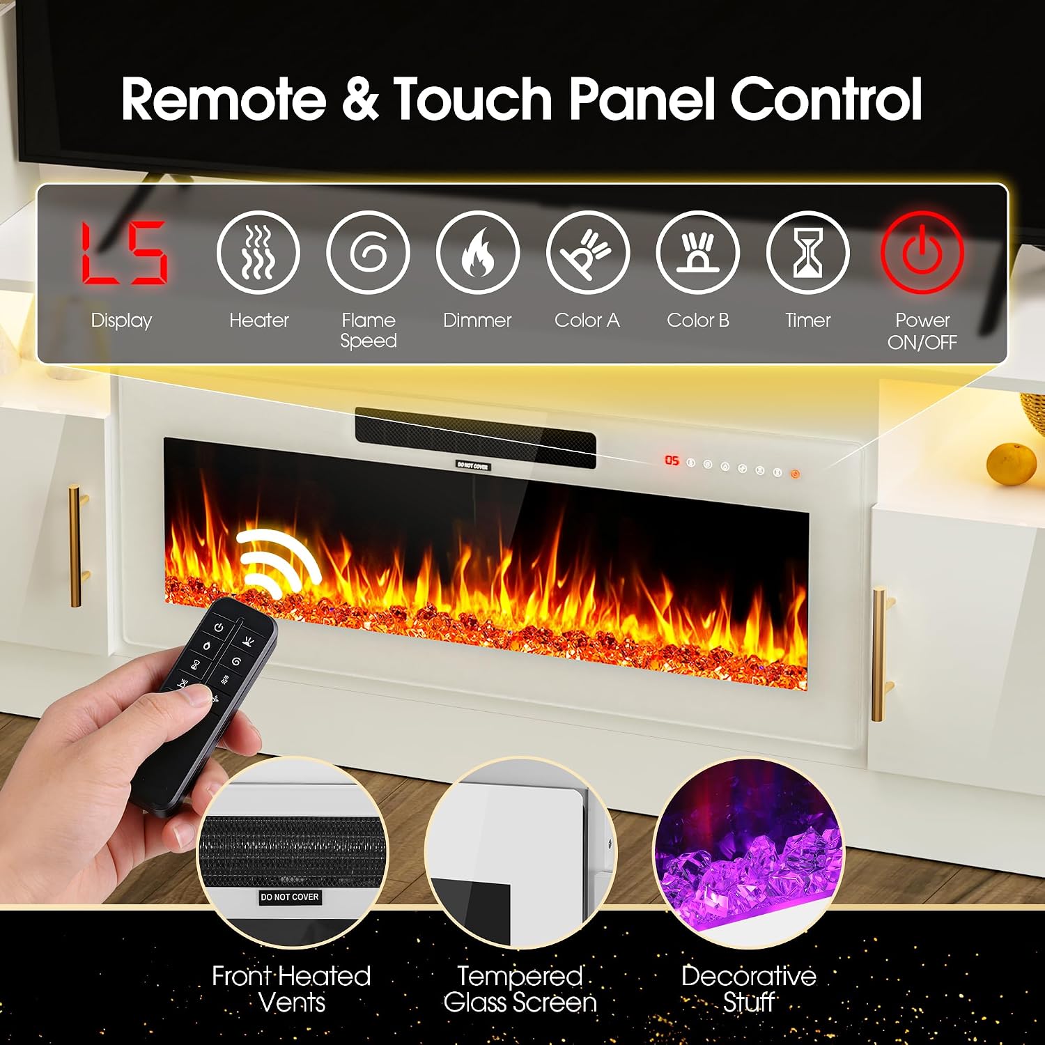 AHB Fireplace TV Stand 70", Fits TVs up to 80", LED Lights, Storage | 36" Electric Fireplace with Realistic Flame Multiple Color Modes Spacious Storage Cabinet with Handles White/White