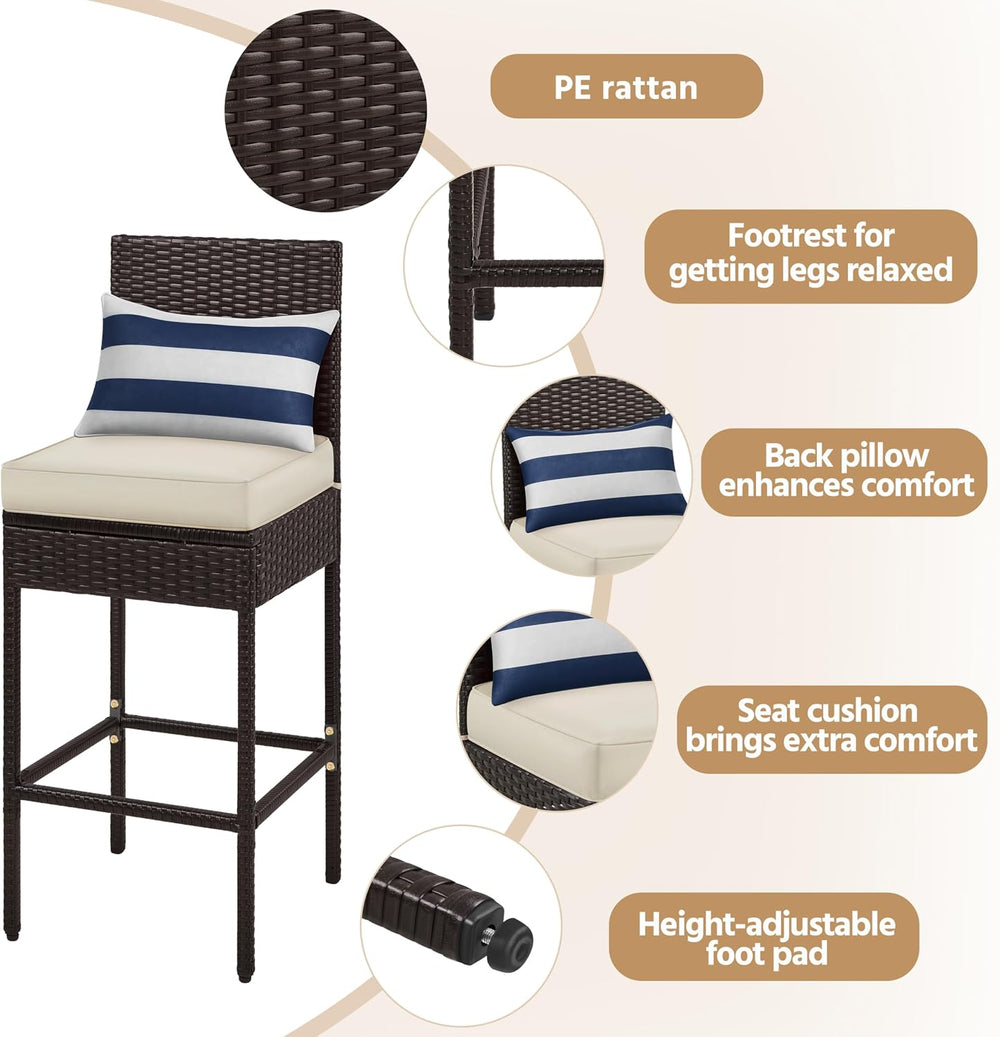 Yaheetech Set of 2 Patio Bar Stools, Outdoor PE Rattan Bar Height Chairs with...