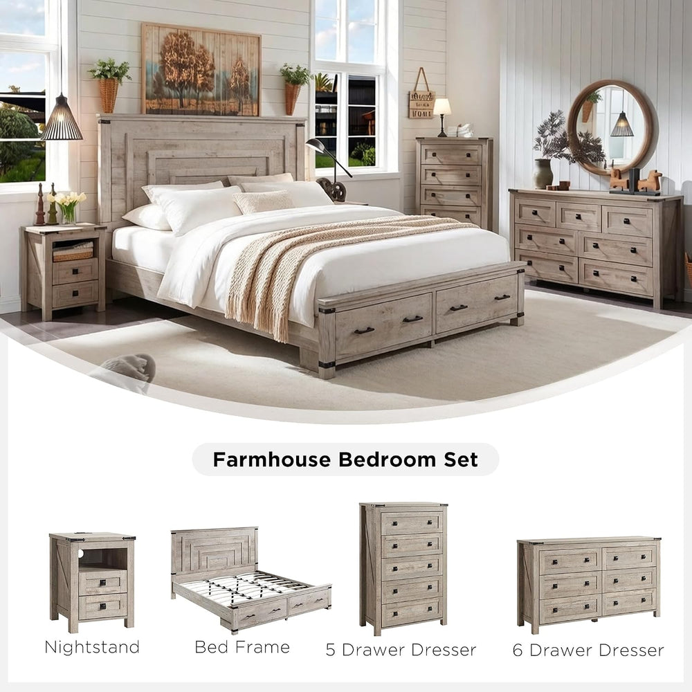 T4TREAM Farmhouse Nightstand Set of 2, Rustic End Table with 2 Drawers, Charg...