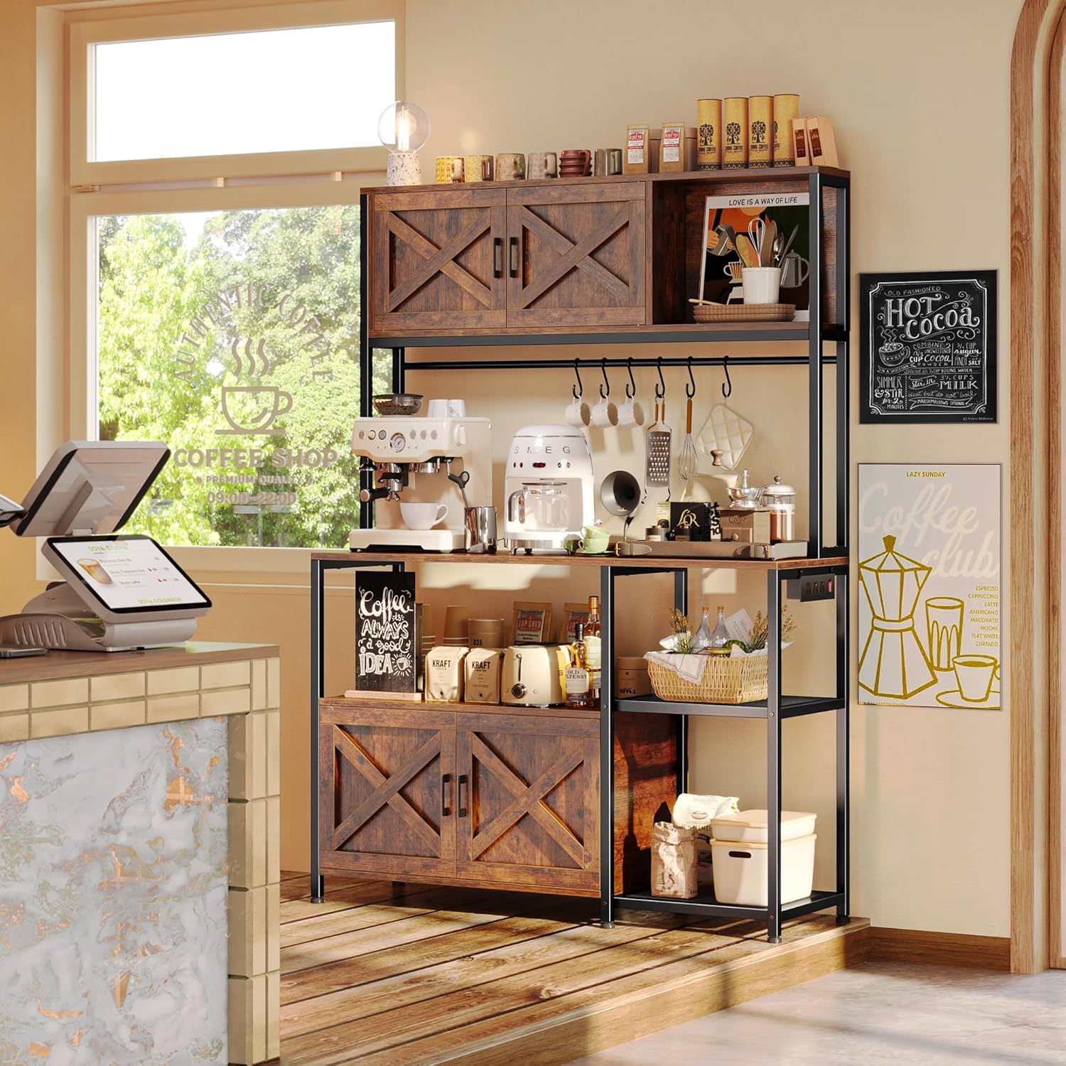 Huuger Large Bakers Rack with Power Outlet, Kitchen Microwave Stand with Cabinets, Coffee Bar Table Station with Storage, 6 S-Shaped Hooks, Mesh Shelves, 45 Inch Wooden Top, Rustic Brown