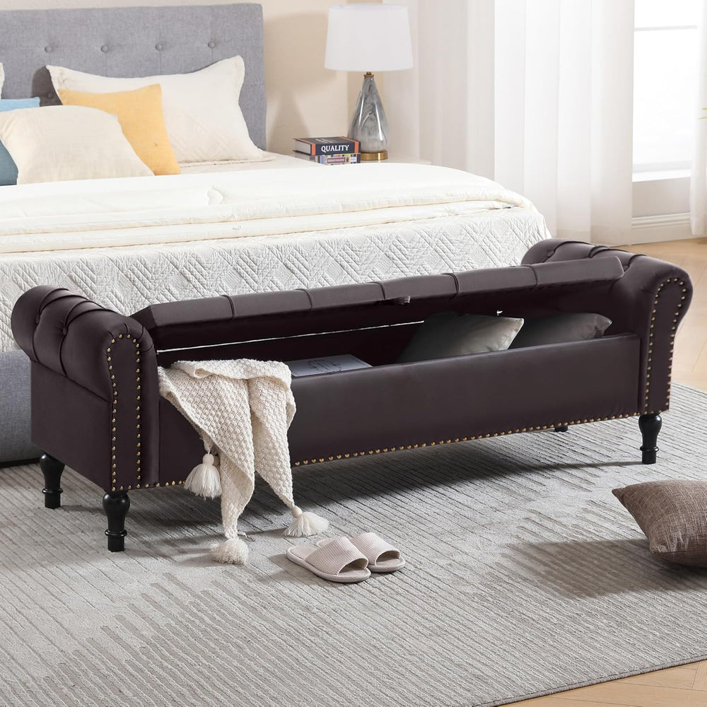 Faux Leather Storage Bench 67 Inch Upholstered Tufted Ottoman Bench with Arms...