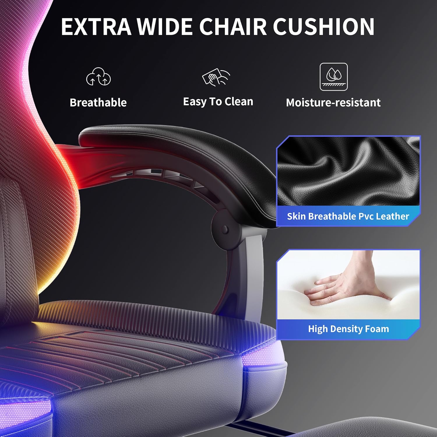 Ergonomic Gaming Chair, RGB LED Lights Computer Chairs with Retractable Footrest, 400 lbs Lumbar Support Linked Armrests Gamer Chair High Back Heavy Duty Video Game Chairs (Black Red)