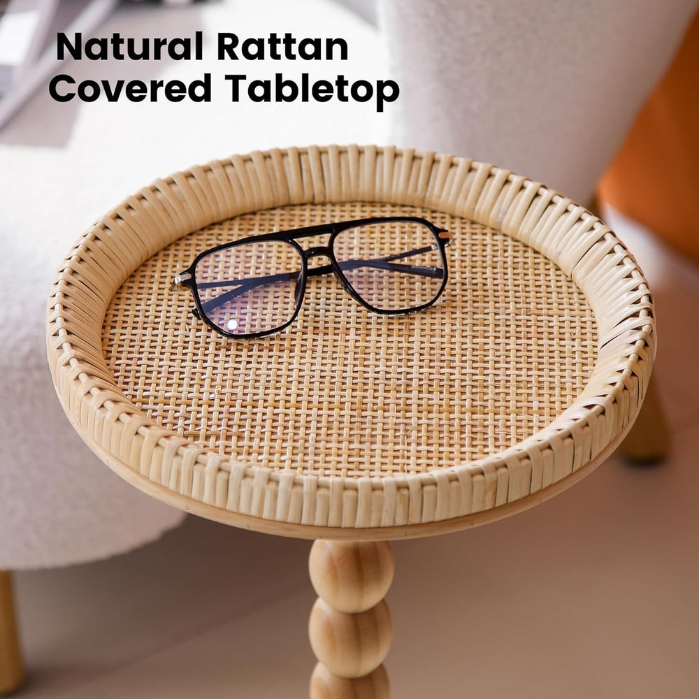 Drink Table，Rattan Round Small Side Table for Small Spaces, Boho Circle End T...