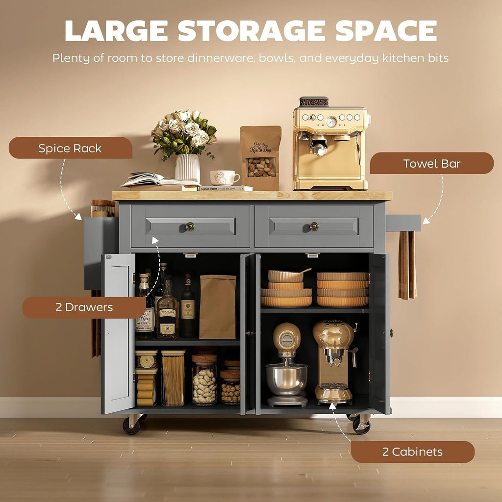HOMCOM Kitchen Island Cart with Solid Wood Top 44" Mobile Gray | Kitchen Island Table, on Wheels, Storage Cabinets, 2 Drawers, Adjustable Shelves, Spice Rack & Towel Bar, for Dining Room