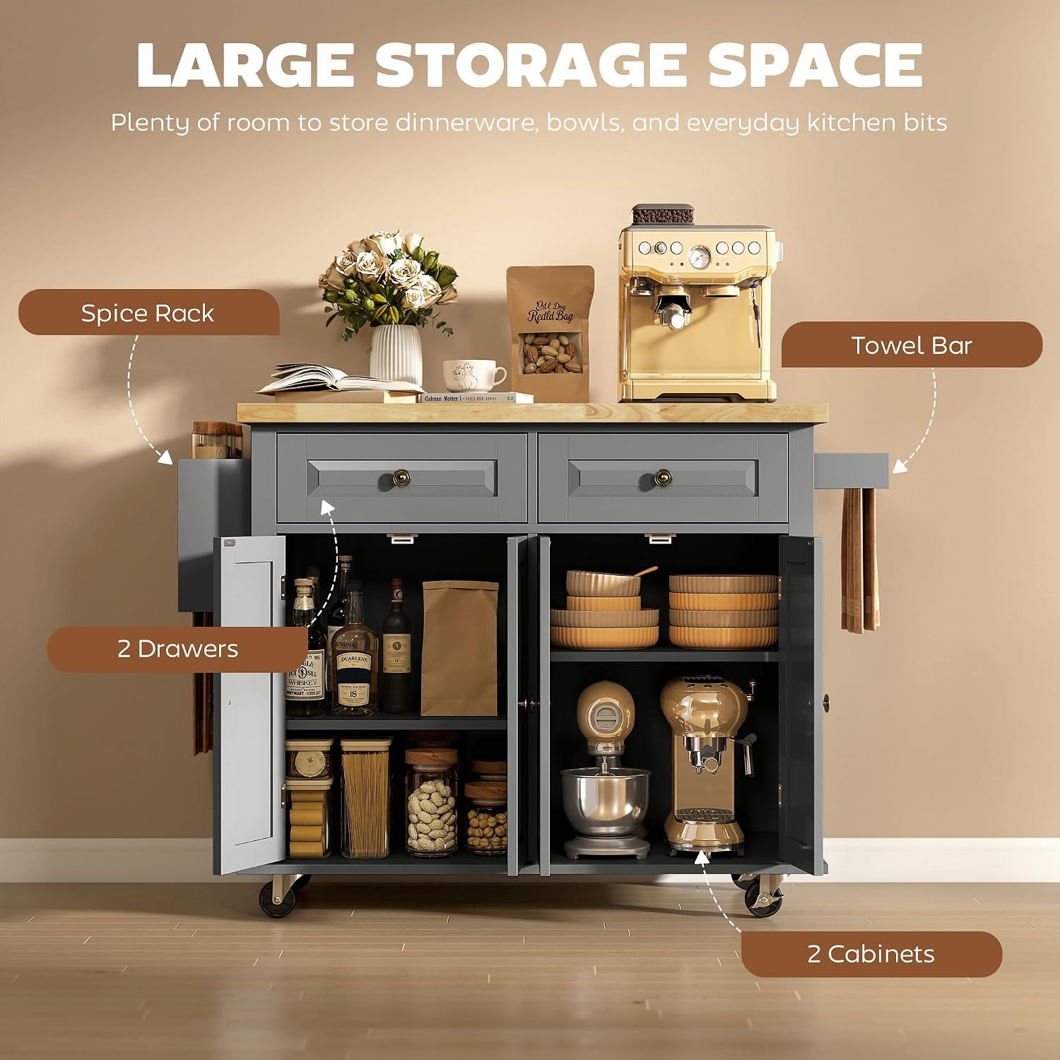HOMCOM Kitchen Island Cart with Solid Wood Top 44" Mobile Gray | Kitchen Island Table, on Wheels, Storage Cabinets, 2 Drawers, Adjustable Shelves, Spice Rack & Towel Bar, for Dining Room