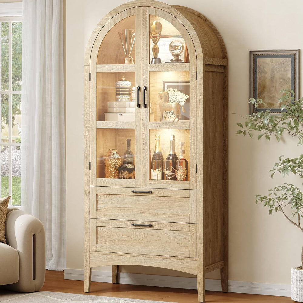 ONBRILL 71" Tall Arched Display Cabinet with LED Lights, Arched Kitchen ...
