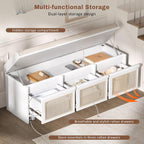 SOFTSEA 48" Shoe Storage Bench with Cushion, 2-Tier Entryway Bench with 3 Rattan Storage Drawers & Lift Top Storage, Retro Shoe Cabinet for Hallway, Bedroom, Living Room, White