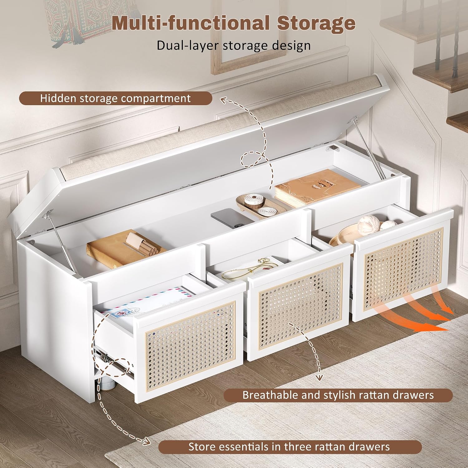 SOFTSEA 48" Shoe Storage Bench with Cushion, 2-Tier Entryway Bench with 3 Rattan Storage Drawers & Lift Top Storage, Retro Shoe Cabinet for Hallway, Bedroom, Living Room, White