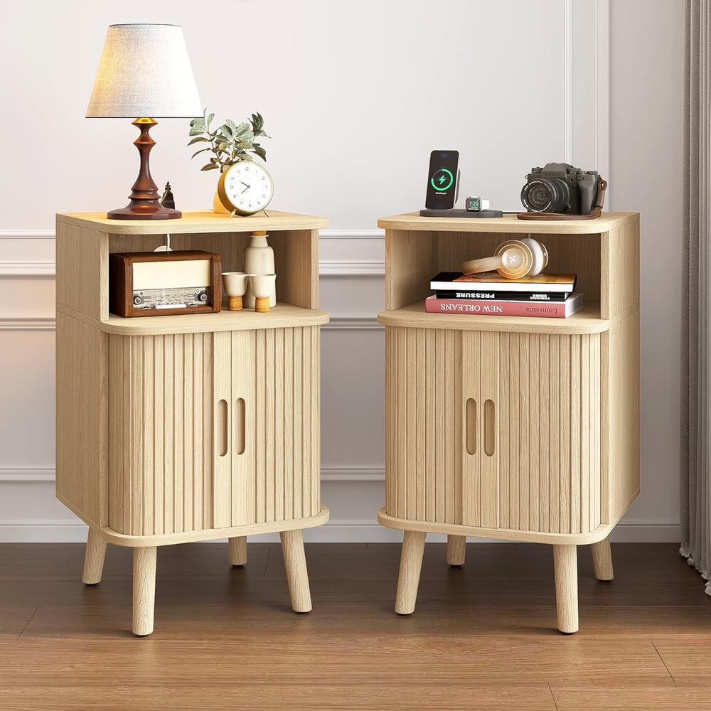Alohappy Fluted Nightstands Set of 2 with Charging Station, Mid Century Moder...
