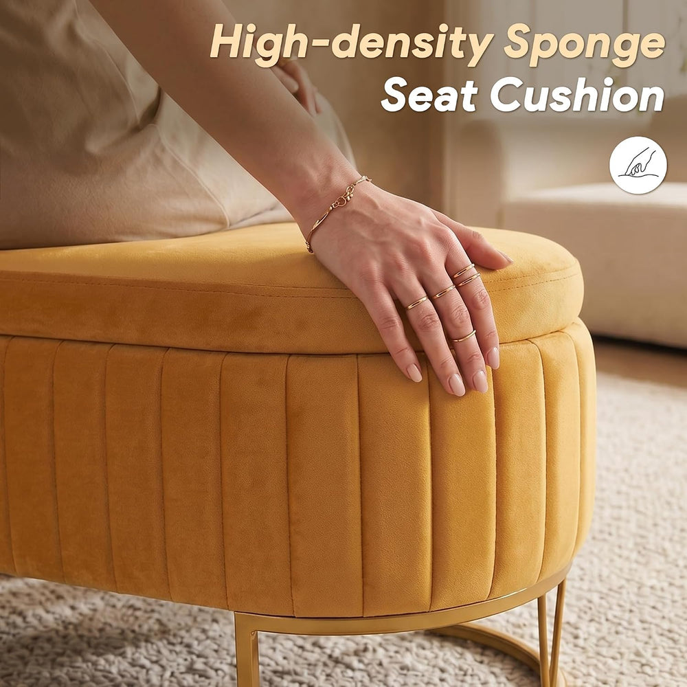 Storage Bench Bedroom Bench, Velvet Oval Upholstered End of Bed Bench with Go...