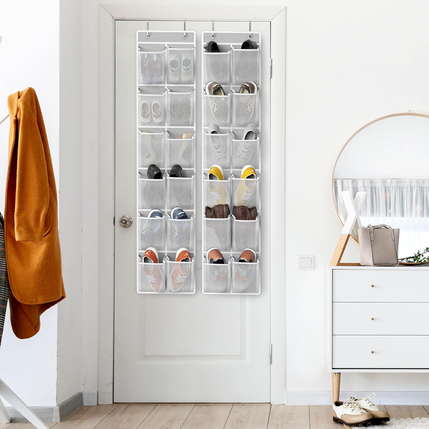 Simple Houseware 12 Pockets Large Over Door Shoe Organizer, 2 Pack, Gray | Total 24 Pockets, 56" x 12.5", Fits Standard & Narrow Door, 4 Durable Metal Hooks, 6" x 8" Pocket Size, Multipurpose