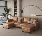 SITJOY 118" Faux Leather Modular Sectional Sofa with Storage, Mid Century Modern Sectional Couches for Living Room, Soft Padded Armrests, 4 Seater U-Shaped Couch with Ottoman, Brown