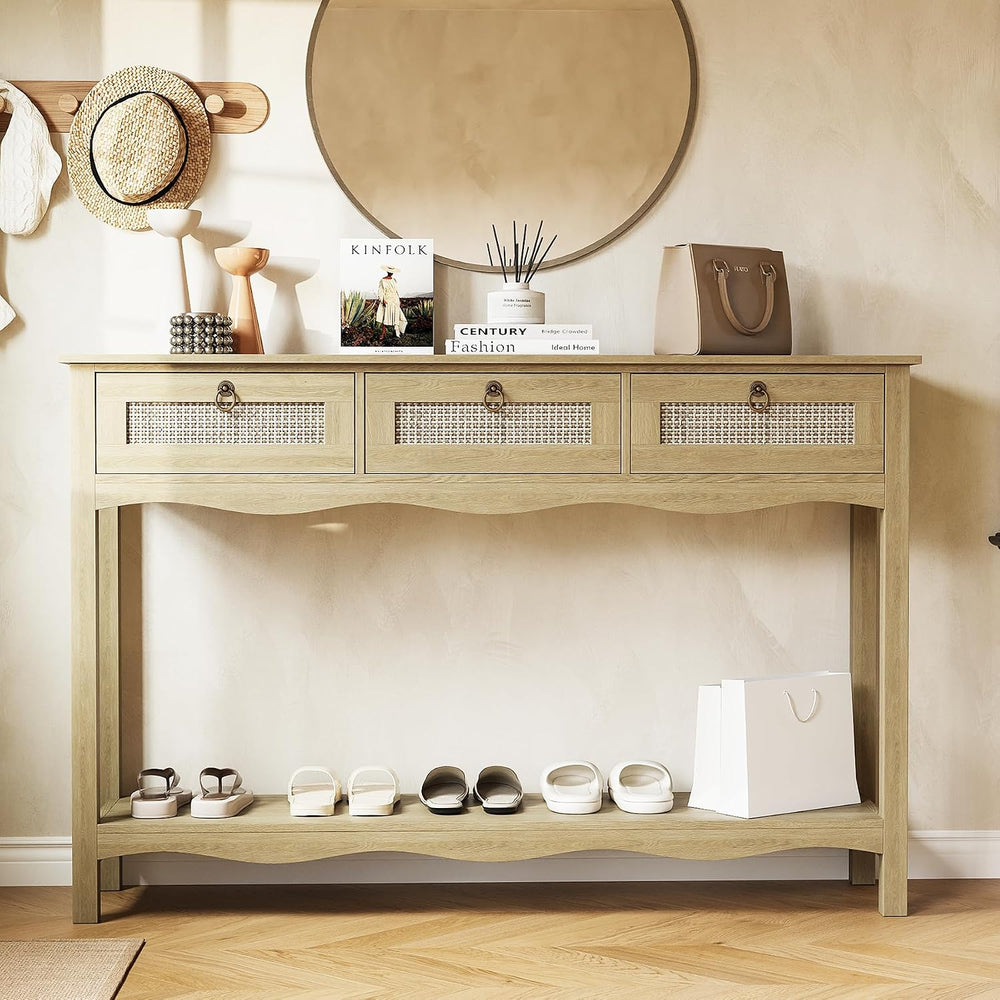 LAZZO 47.3" Rattan Console Table with Wavy-Edge, Narrow Long Sofa Table ...