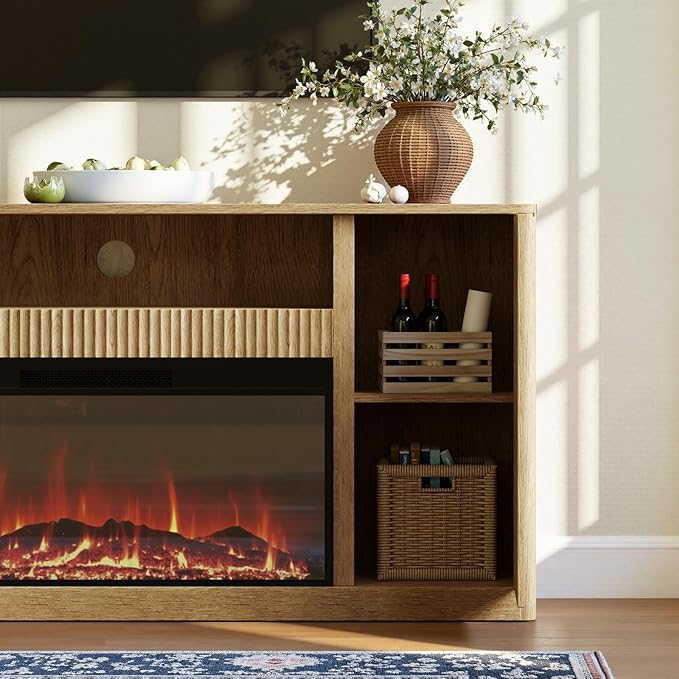 Evermagin 67" Oak Fluted Fireplace TV Stand for TVs up tp 75", Mid-Century Modern Entertainment Center with Storage Cabinets and Doors, Wood Media TV Consoles for Living Room and Bedroom