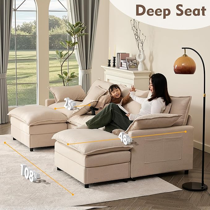 108" U Shaped Couch, Modular Sectional Sofa, 3-Seater Comfy Cloud Couch, Set of Modular Pieces with Movable Ottoman, Deep Seat Couches for Living Room, Linen, Beige