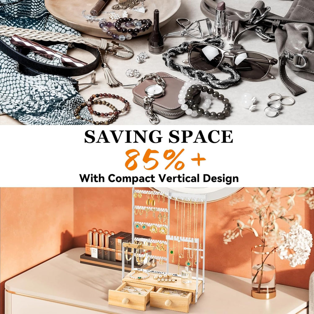 DreamGenius Jewelry Organizer Stand with 2 Velvet Ring Holder Drawers, 5 Tier Jewelry Holder Organizer with 11 Hooks for Necklaces and 145 Holes for Earrings, White