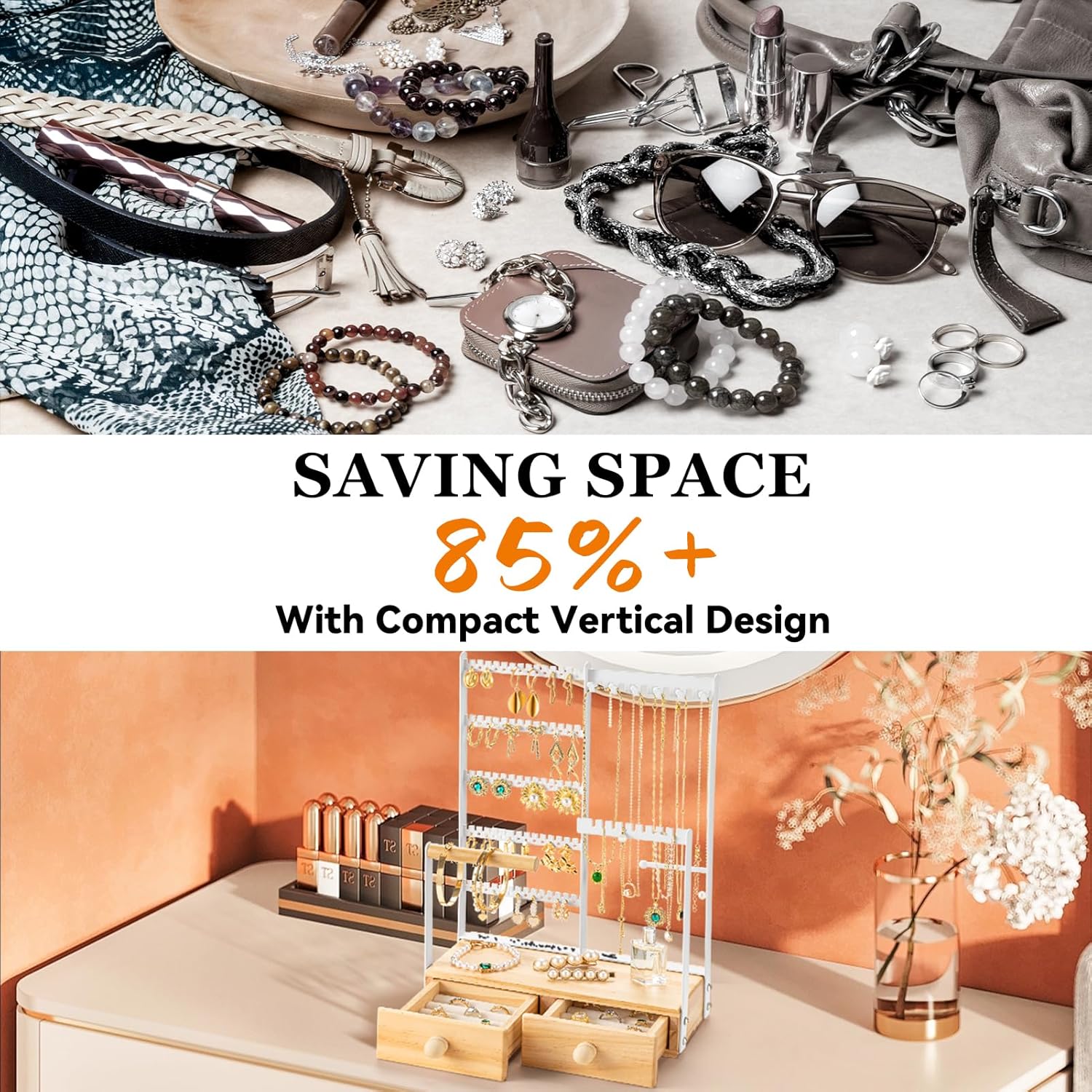 DreamGenius Jewelry Organizer Stand with 2 Velvet Ring Holder Drawers, 5 Tier Jewelry Holder Organizer with 11 Hooks for Necklaces and 145 Holes for Earrings, White