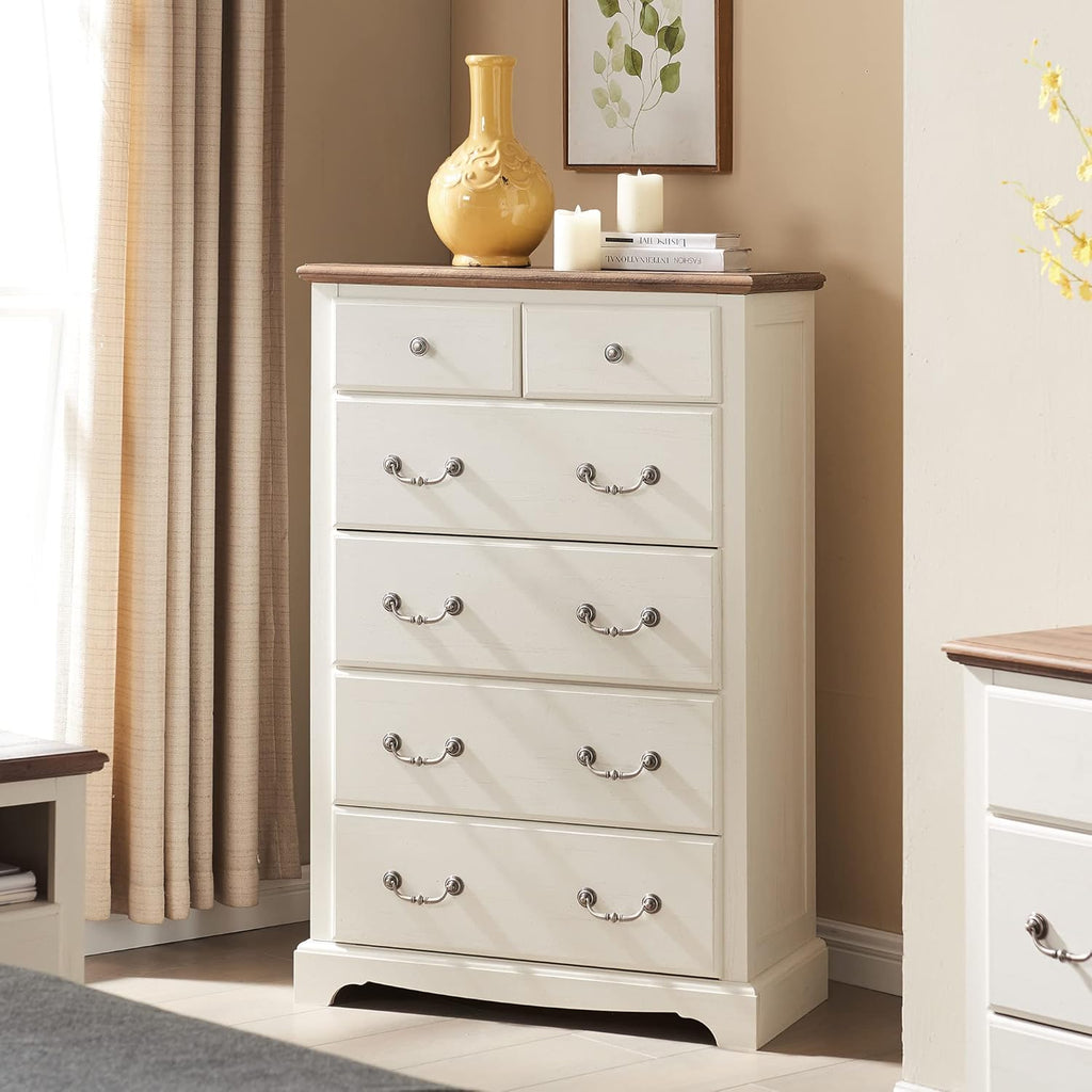 T4TREAM 6 Drawers Dresser Chests for Bedroom, 48" Tall Rustic Chset of Drawers, Wood Dressers Organizer for Bedroom, Living Room,Hallway, Antique White
