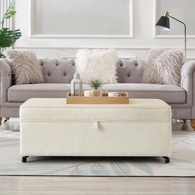 Ball & Cast 45" Sofa Ottoman with Storage, Linen Upholstered Bench with Rotation Casters and Safety Hinge for Living Room, Multi-Function Coffee Table,Ivory