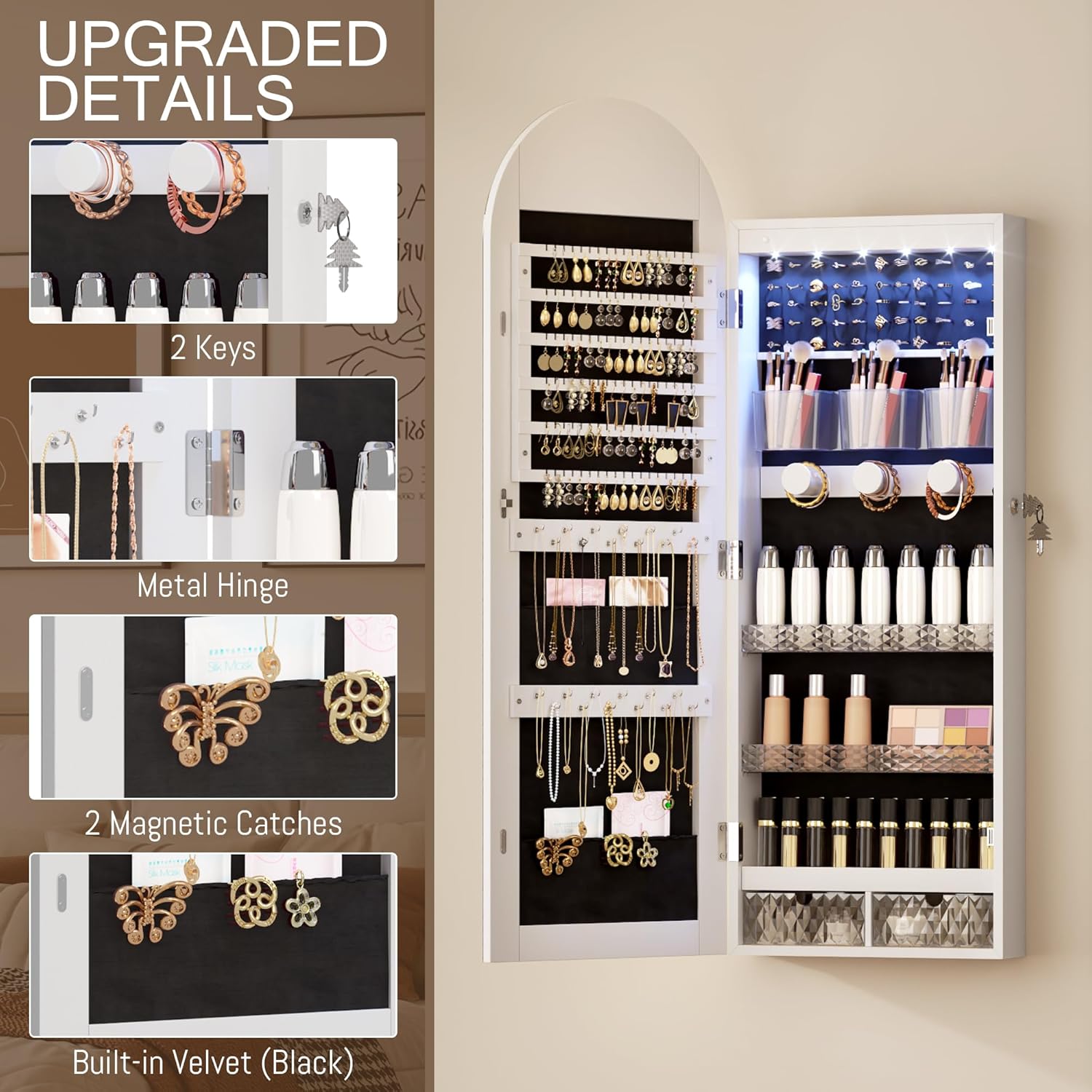 LVSOMT Wall Mounted Jewelry Organizer Lockable, 43"x16" Door Hanging Arched Mirror with Lights and Jewelry Storage, 6 LEDs Jewelry Cabinet (White)