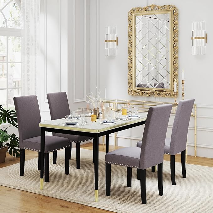LSSPAID Dining Chairs Set of 4, Fabric Upholstered Dining Room Parson Chair with Nailhead Trim and Solid Wood Legs for Home and Kitchen, Gray