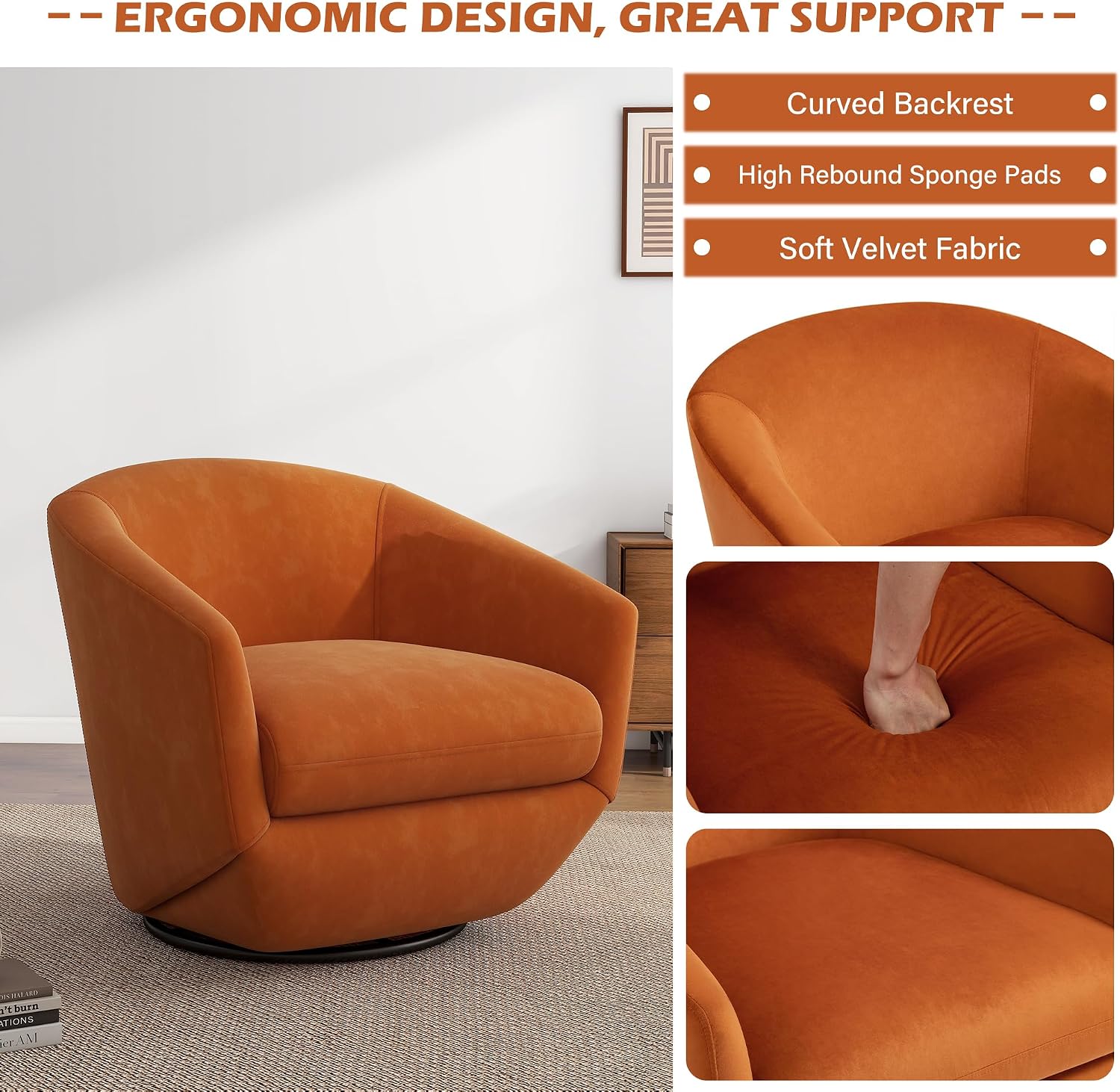 360° Swivel Barrel Accent Chair, Velvet Upholstered Club Armchair for Living Room, Modern Round Arm Chair Single Sofa Bedroom Reading Seating (Orange)