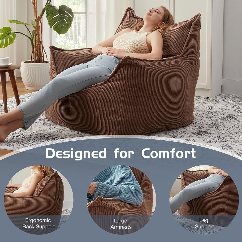 EBENCHICO Giant Bean Bag Chair for Adults, Corduroy Large Bean Bag Chairs for Teens with Armrests, Comfy Adult BeanBag Chair Sofa Couch with Filler Included for Bedroom Living Room