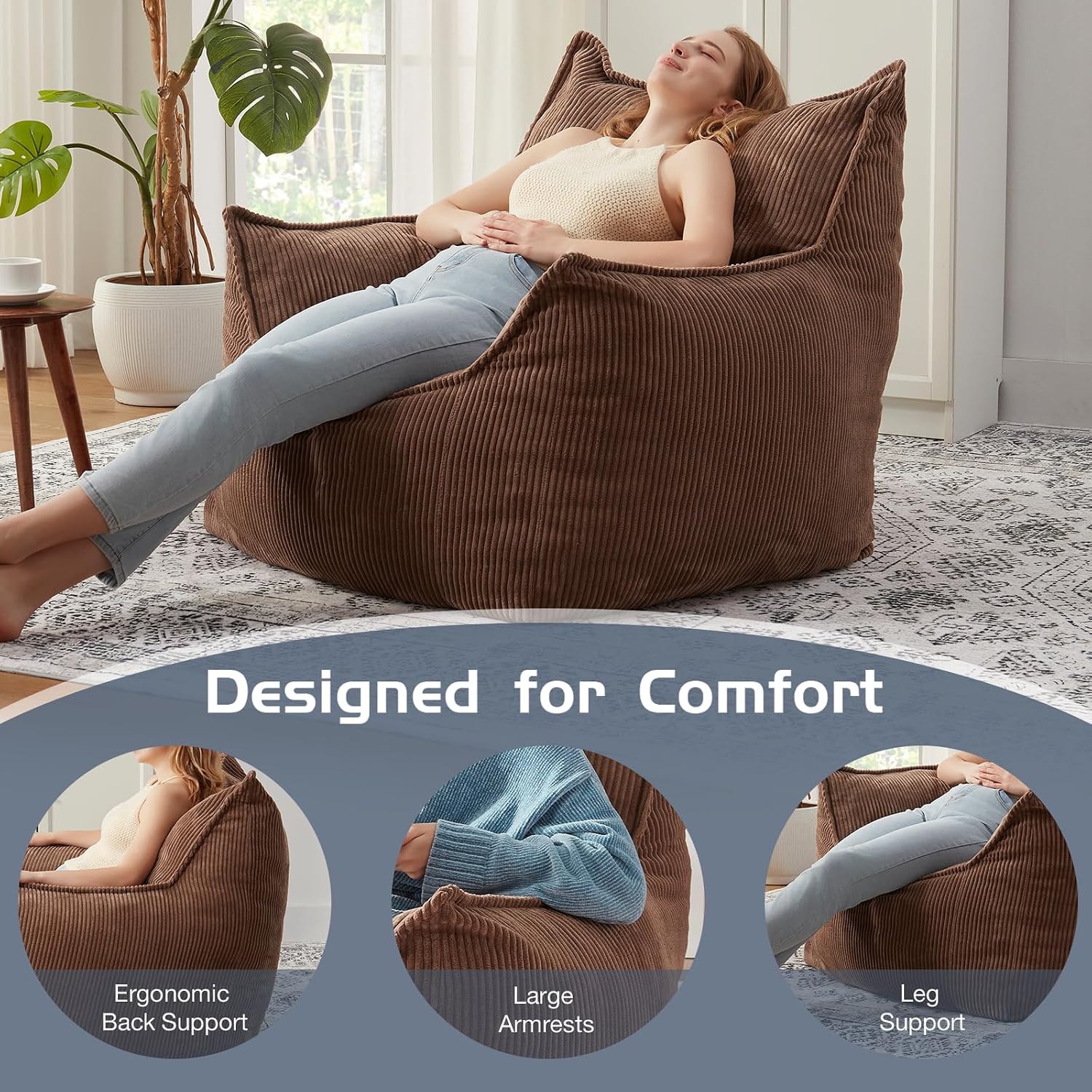 EBENCHICO Giant Bean Bag Chair for Adults, Corduroy Large Bean Bag Chairs for Teens with Armrests, Comfy Adult BeanBag Chair Sofa Couch with Filler Included for Bedroom Living Room