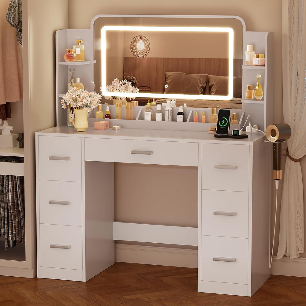 YESHOMY Vanity Desk with Large Mirror,11 Lights,Outlet,7 Drawers,(White