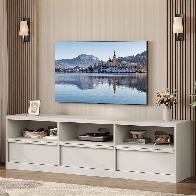 IDEALHOUSE 70 inch TV Stand for 80" TVs, Mid Century Modern Entertainment Center with Storage Drawer & Open Shelves, Wood Media Console Cabinet for Living Room/Bedroom, White