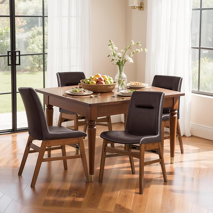 SyMax Dining Chairs Set of 8, Faux Leather Dining Room Chairs with Stitched Edge Trim, Modern High-End Kitchen Side Chairs for Bedroom, Living Room, Dark Brown