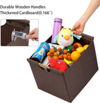 HOONEX Large Collapsible Storage Bins, Linen Fabric, 2 Pack, Storage Baskets with Wooden Carry Handles and Sturdy Heavy Cardboard, for Home, Office, Car, Nursery, Brown