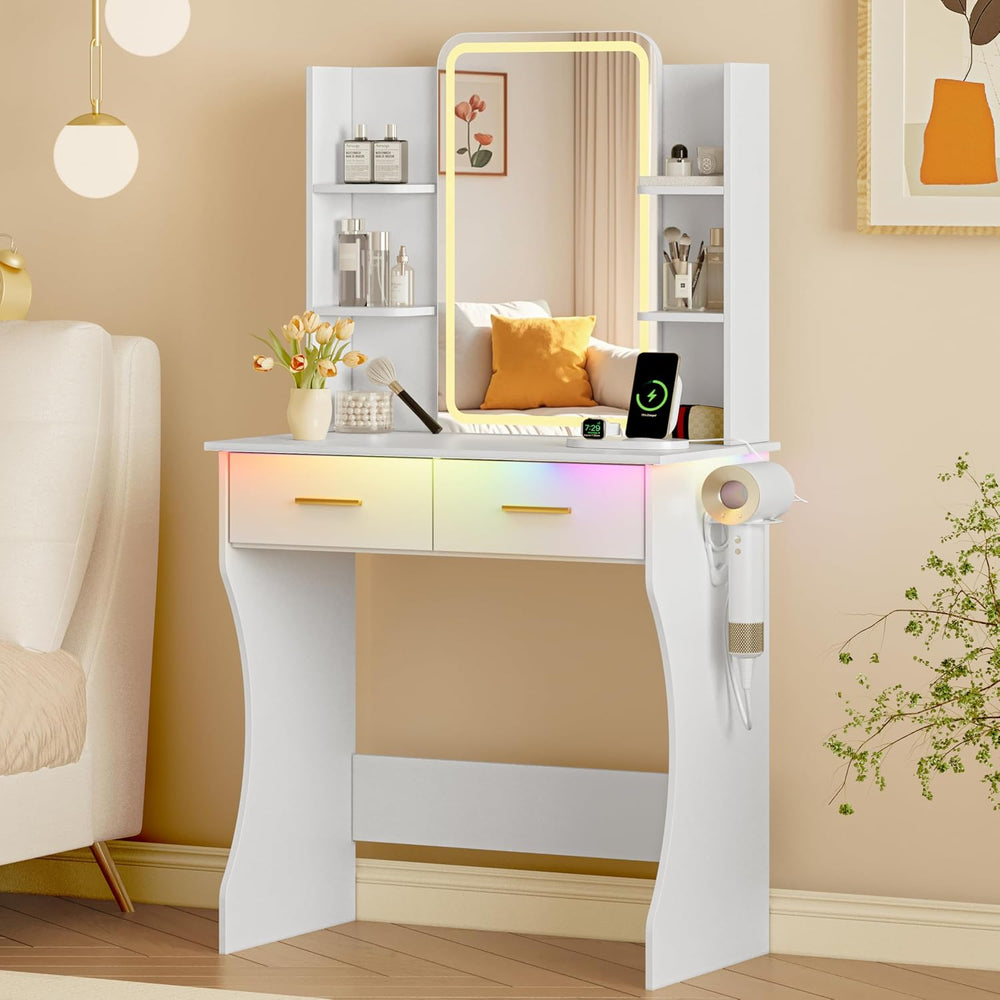 Xixini Vanity Desk with LED Lights Mirror & Power Outlet, Small Makeup Va...