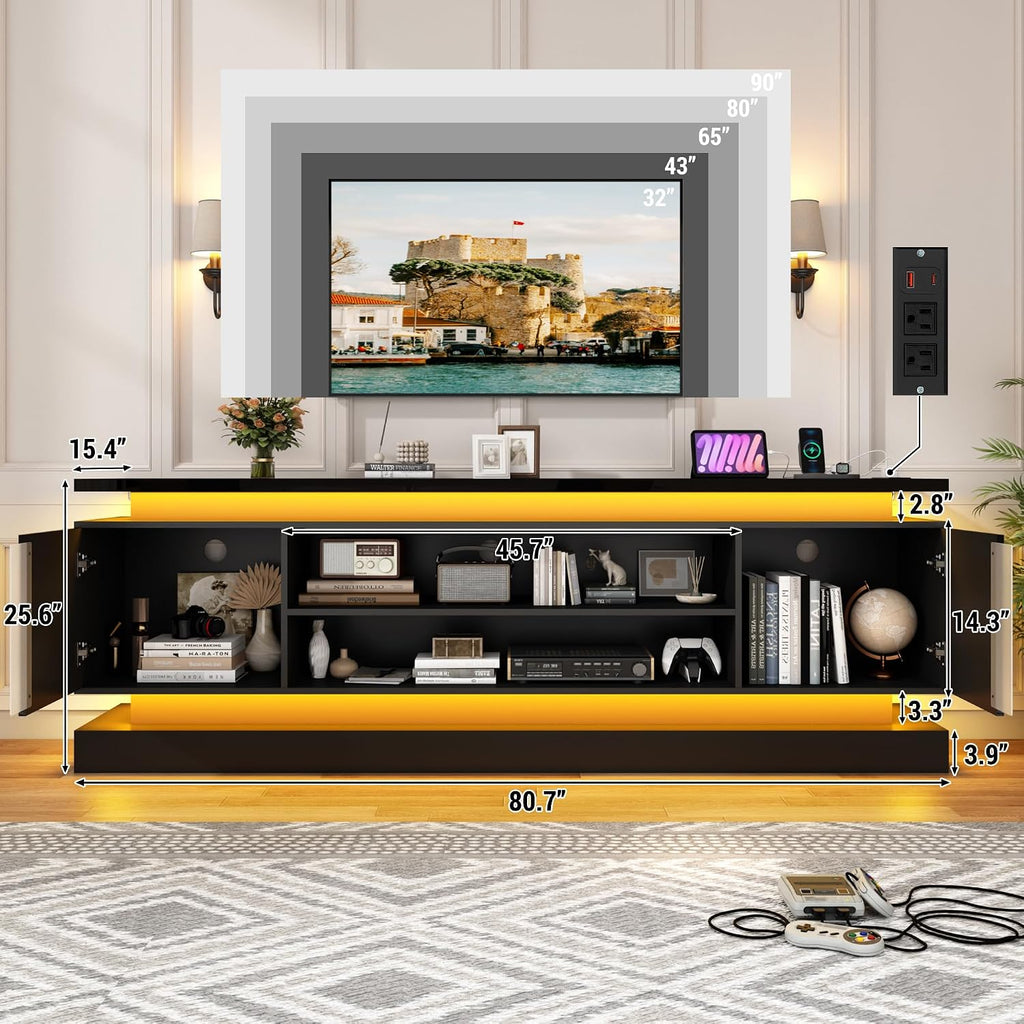 81" 2 LED TV Stand for TVs 90/85/75 inch,High Gloss Gaming Tall Entertainment Center w/Power Outlet,6000-Colors LED Lights,Modern TV Media Console Table with 2 Cabinets for Living Room,Black