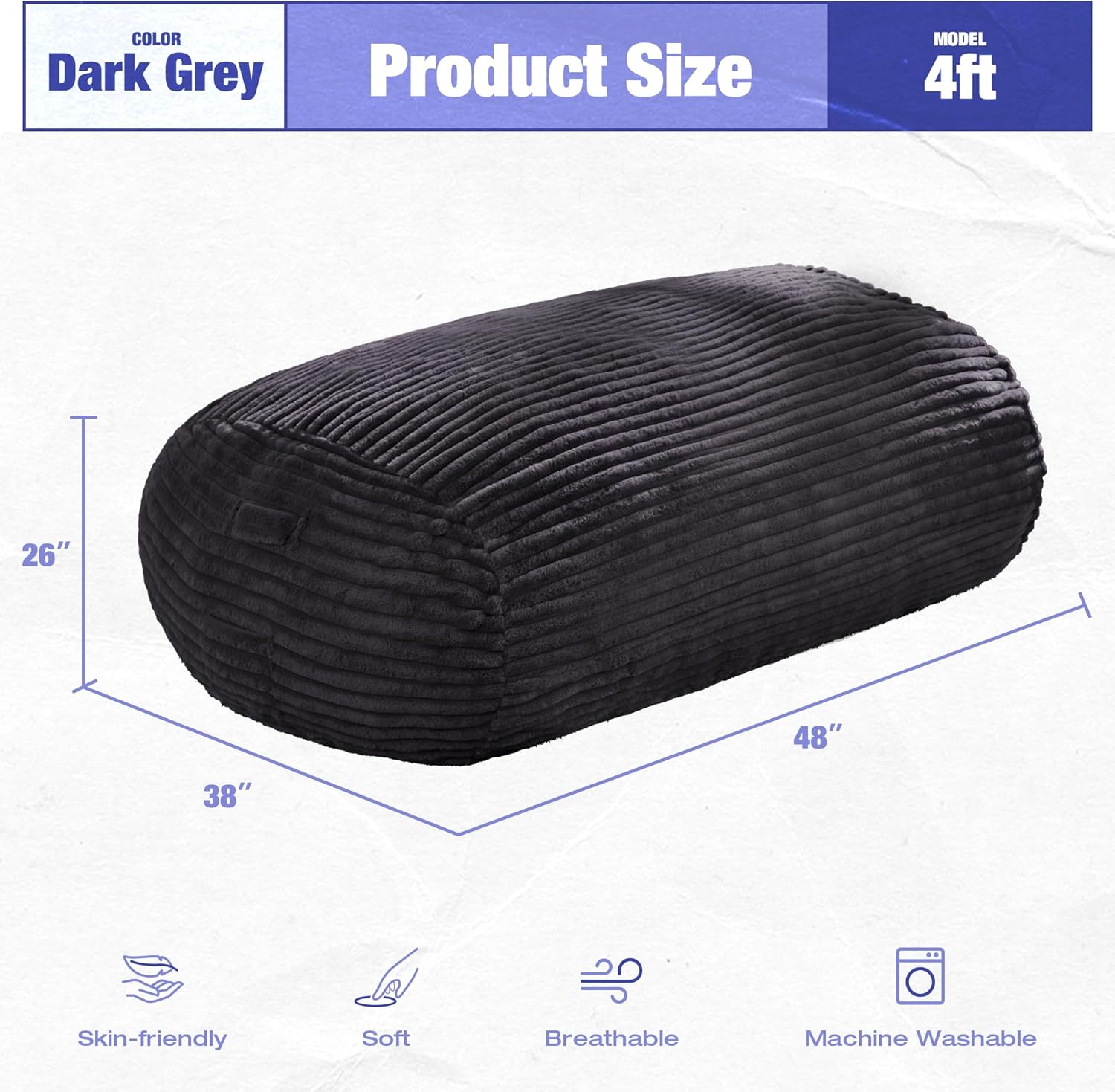 Hobestluk 4FT Bean Bag Chairs Adult Bean Bag with Portable Handle Comfy Large Bean Bag Chair with Removable Cover for Living Room Bedroom or Reading Nook (Stripe Dark Grey, 4FT)