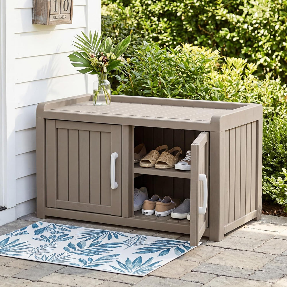 2-Tier Storage Bench, Waterproof UV-Resistant Outdoor Shoe Storage Cabinet, O...