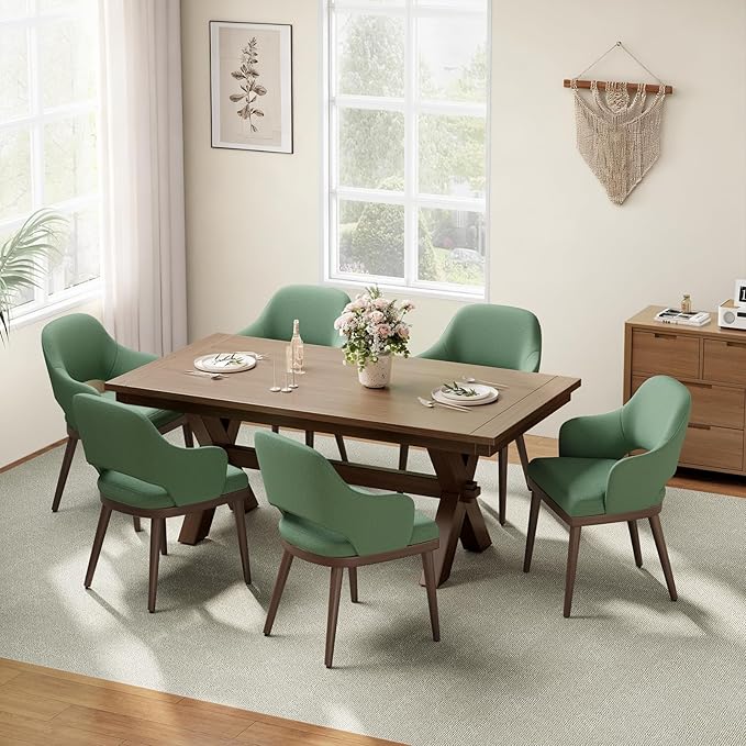 Wooden Dining Chairs Set of 6, Modern Fabric Upholstered Dining Room Chair, Kitchen Side Chairs, Farmhouse Dinner Chair with Open Back for Kitchen, Green