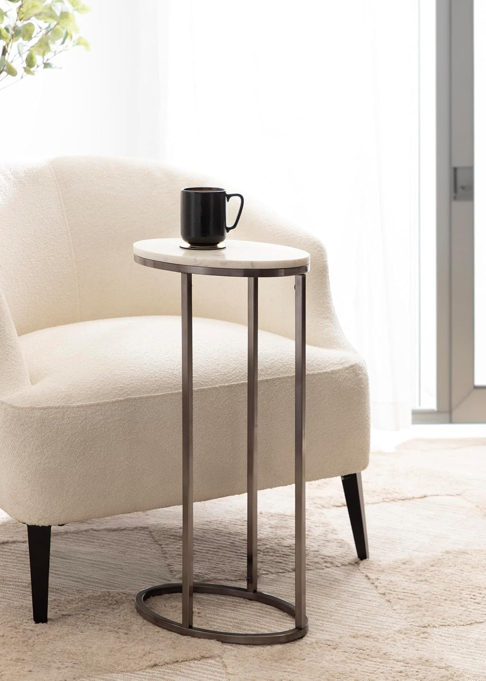 Kate and Laurel Natalli Modern Glam Oval C-Table, 14 x 9 x 28, White Marble a...