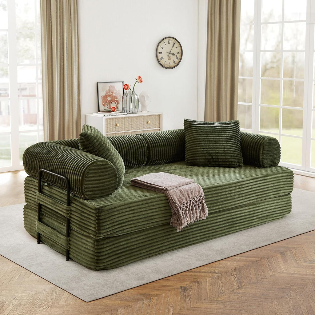 Antetek Modular Couch Bed, Convertible Folding Plush Corduroy Comfy Floor Compression Loveseat Sleeper Sofa Couch, King Size Bed for Guest Room Living Room Bedroom, No Assembly Required, Green