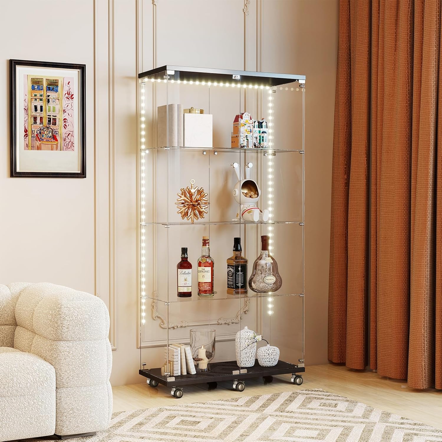 Tempered Glass Display Cabinet with Light Strip, 4-Tier Curio Cabinet with Glass Doors Wheels Locks, Glass Display Case for Collectibles for Living Room, Bedroom, Office, Black, Double Door