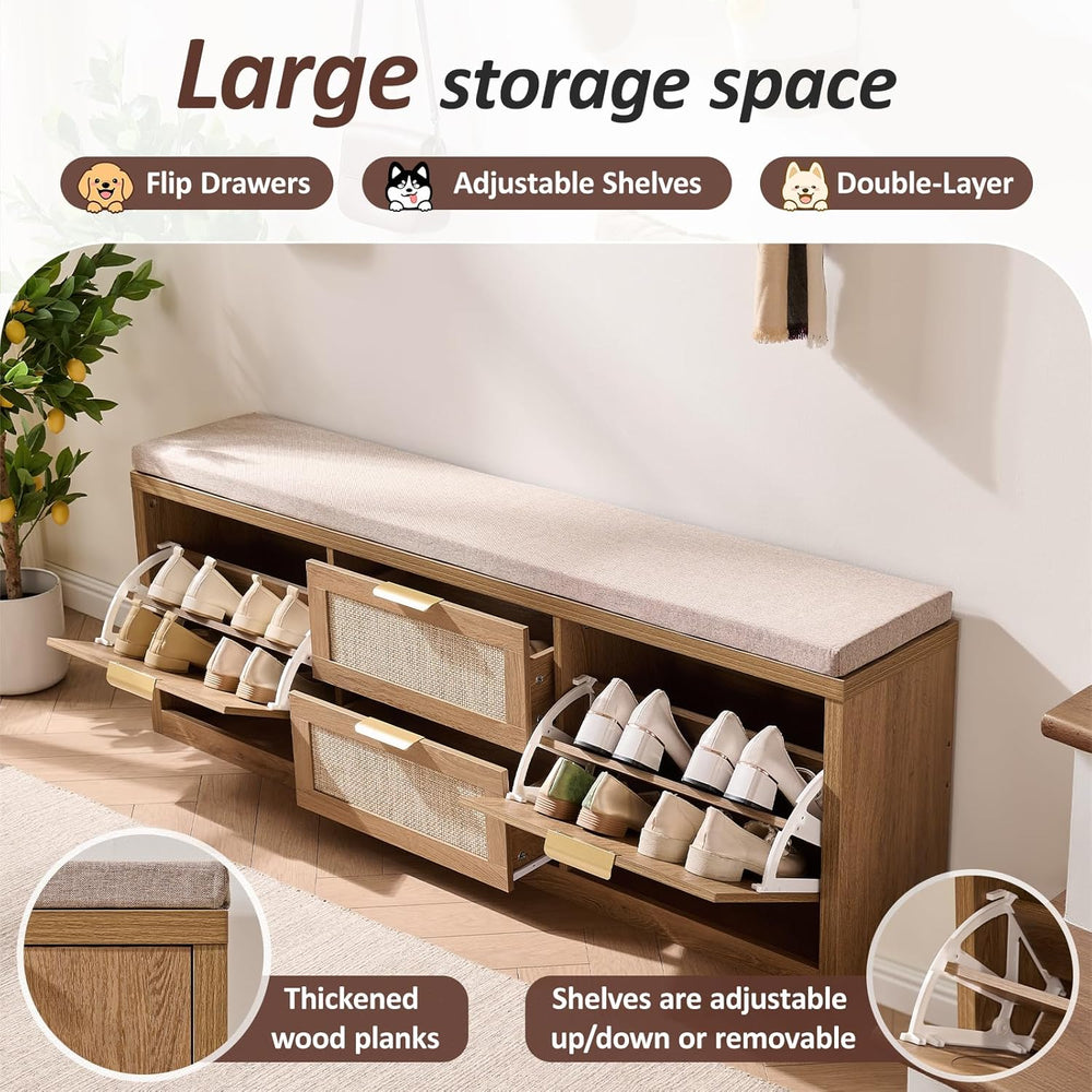 Rattan Narrow Entryway Bench with Shoe Storage, 4 Drawers & Coat Rack, Mi...